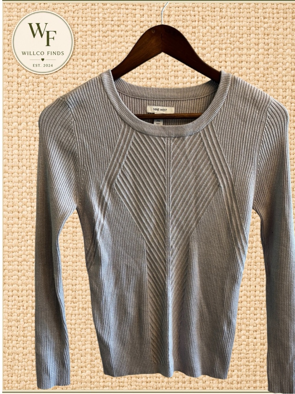 Nine West Petite Metallic Silver Gray Ribbed Sweater PM NWT Long Sleeve